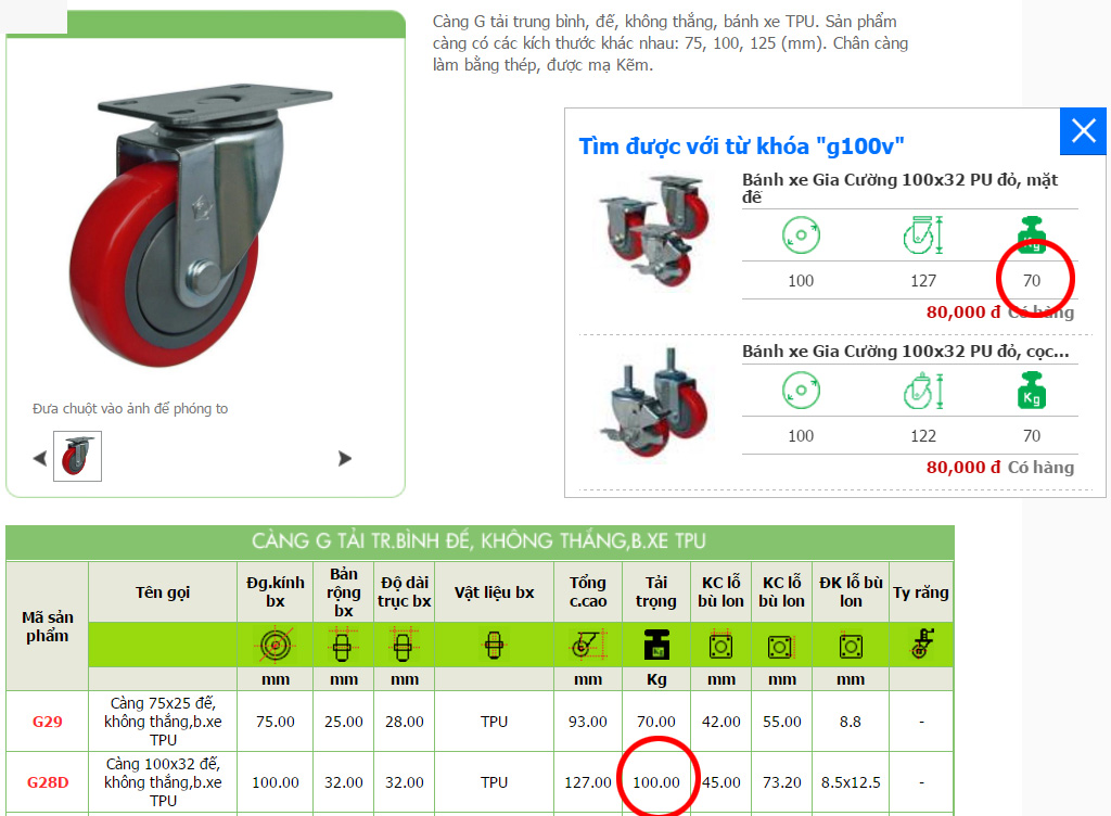 G100V: Bánh xe đẩy Hà Nội đánh giá tải trọng 70kg so với mức 100kg của nhà sản xuất